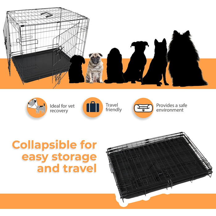 Клітка для собак DIVCHI з піддоном - міцна, складана, з подвійними дверима | 2 дверцята, легко миються, знімний піддон, будиночок для котів | Чорний (122x76x81cm) (61 x 45 x 51cm)