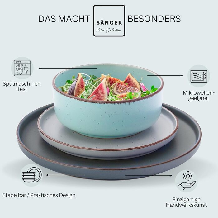 Набір посуду SÄNGER Bombay Sky Shades (12 предметів) | Столовий сервіз для 4 осіб, 4 тарілки для їжі, 4 тарілки для десерту, 4 миски | Яскравий набір тарілок, кераміка