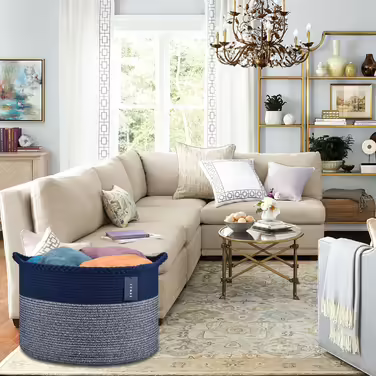 COMSE Extra Large Ceiling Basket, Woven Laundry Basket, 55 x 35 cm, Kids' Room, Cotton Rope, Laundry Basket, Living Room, for Storing Toys, Clothes, Towels, Black/Gray (Navy Blue)