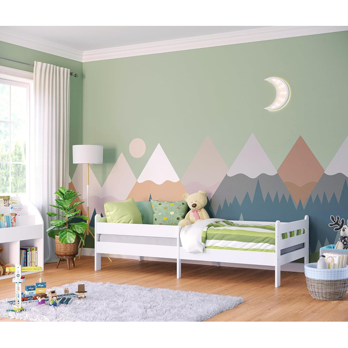 Bellabino Kinderbett Kuru 90x200, Single bed for children incl. fall guard and slatted frame, white children's bed, bed for boys and girls without drawers White