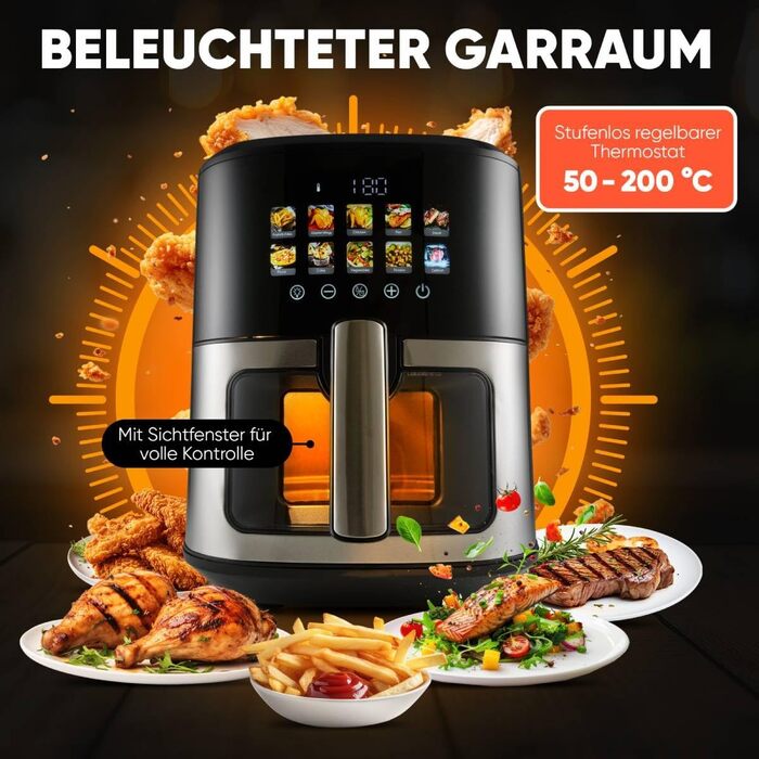 Аерофритюрниця ProfiCook 6,5 л, без олії, 9 програм, 1700 Вт, сенсорний дисплей, нержавіюча сталь, XXL, модель 2024