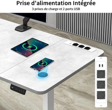 Devoko Adjustable Height Electric Standing Desk with Wireless Charger, Memory Control & Power Outlet - 160x80cm Grey