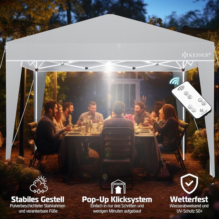 KESSER® Gazebo Folding Gazebo 3x3m with LED Lighting | Pop-Up Garden Gazebo Adjustable Height Stable Waterproof Winterproof | Party Tent Event Tent UV Protection 50+ incl. Remote Control & Bag Light Grey
