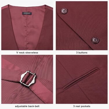 Жилет для чоловіків HISDERN: формальний, елегантний, бавовна, однотонний, V-подібний виріз, з кишенями, для весілля, вечірки, бізнесу (бордовий, розмір M)