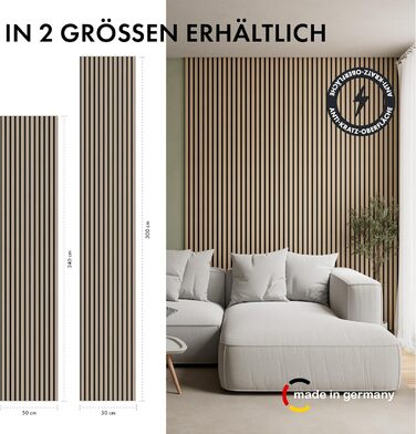 Акустична панель Momento з натурального дуба 240x50 см, 3D ламелі для шумоізоляції стін, колір дуб натуральний, чорний фліс (Made in Germany)