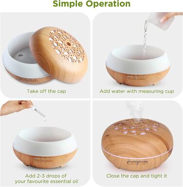 Аромадифузор WD&CD 550 мл з пультом, ультразвуковий зволожувач повітря, дифузор для ефірних олій з 7 кольорами LED, автоматичне відключення, білий (з імітацією текстури дерева)