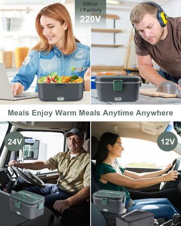 AUTOPkio Electric Lunch Box 1.8L 80W, 12V/24V/220V Large Heated Food Warmer with Bag, Stainless Steel Fork & Spoon for Car, Truck, Office