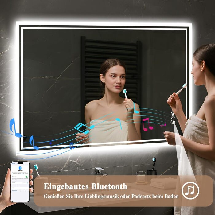 Дзеркало для ванної кімнати з підсвічуванням LED, антизапар, сенсорне управління, регулювання яскравості, 3 кольори світла, овальне, 50x70 см (Bluetooth, антизапар, 100L x 70B см)