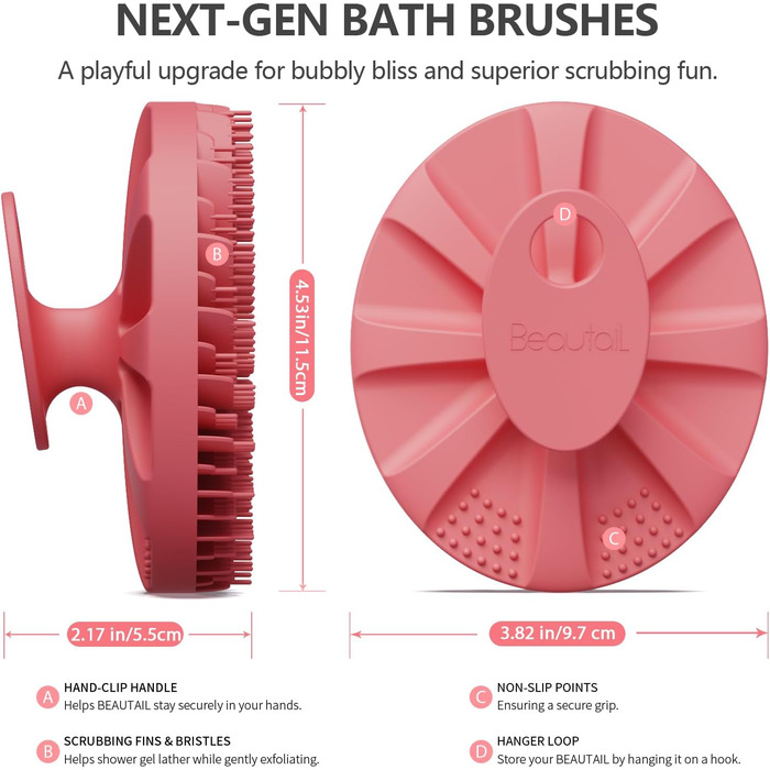 Силіконова щітка для тіла Beautail: м'який пілінг, для чутливої шкіри, рожева