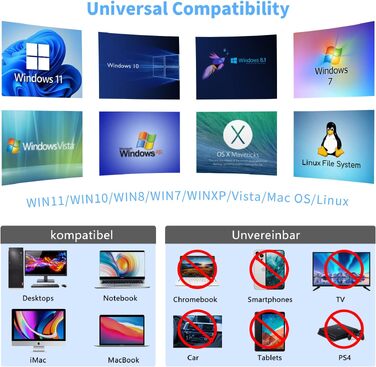 Зовнішній DVD/CD привід USB 3.0 та Type-C, DVD-брунер +/-RW для ноутбука та ПК, сумісний з Windows 11/10/8/7, MacOS, Linux, чорний