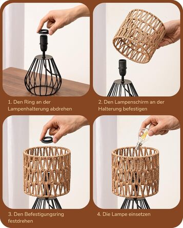 EDISHINE Настільна лампа, сучасний індустріальний дизайн, цоколь E14, вінтажний стиль, для спальні, вітальні, бежево-чорний колір (ротанг + чорний)