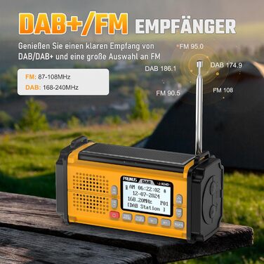 Радіоприймач PRUNUS J-924D: DAB+/UKW, радіо з ручкою, акумулятор 10000mAh, Bluetooth, ліхтарик, SOS, зарядка для телефону (зелений/жовтий)