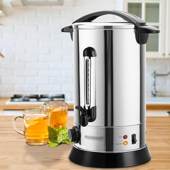 MONZANA® Glühweinkocher 6.8L with Tap, Drip Tray, Thermostat 30-110°C, Hot Beverage Dispenser, Stainless Steel, Preserving Pot, Punch Pot, Hot Beverage Machine (20 L)