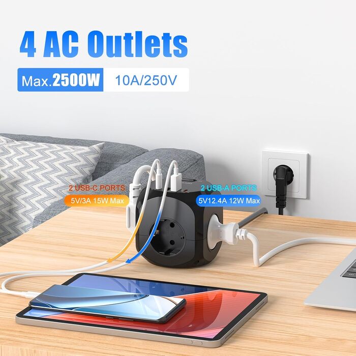 Розподільник розеток з USB-C, 4 розетки, плоский штекер, індивідуальне вмикання, куб з кабелем 2м для офісу, дому, подорожей - білий