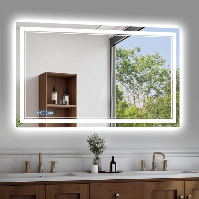 Дзеркало для ванної кімнати з підсвічуванням 100x60 см Faw Halo Double, HD скло, сенсорні кнопки, IP65, 3 кольори, вертикальна/горизонтальна орієнтація, функція пам'яті