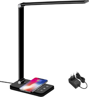 Настільна LED лампа BIENSER 20W з бездротовою зарядкою та USB-портом, 10 рівнів яскравості, 5 режимів світла, таймером та функцією пам'яті, чорна