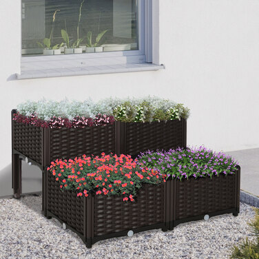 Outsunny Raised Garden Bed Rattan Plant Box 40x40x44cm with PP Drainage Holes, Brown for Garden Balcony