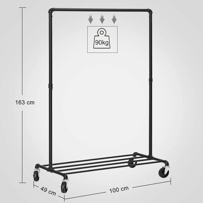 SONGMICS Clothes Rack, Garment Rod, with Wheels, Load Capacity up to 90 kg, Coat Rack with 1 Garment Rod and Shelf, Industrial Design, for Bedroom, Laundry Room, Black HSR61BK