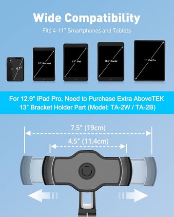 Підставка для планшету та смартфона AboveTEK з присоском – регульована 360° для iPad/смартфонів (4–11 дюймів), авто/стіна/офіс (чорний)
