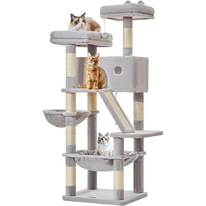 Кігтеточка для котів Taoqimiao MS026W 146 см - велика, стабільна, з 2 будиночками, гамаком, корзиною та 8 кігтеточками (світло-сірий)