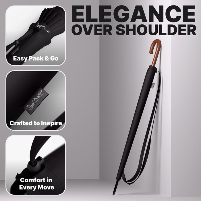 Гольф-парасолька Royal Walk XXL 54 дюйми (140 см) для 2 осіб, штормостійка, з дерев'яною ручкою, 16 ребер, чорна