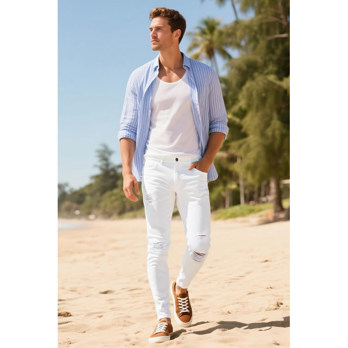 Чоловічі рвані джинси GINGTTO Skinny Stretch Slim Fit (білі, 28W/32L)