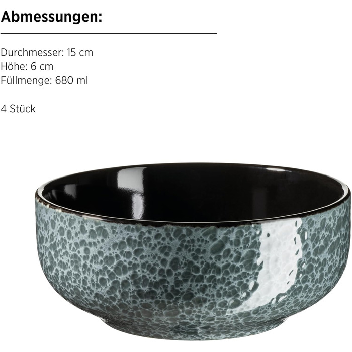 MÄSER Filippa: Набір посуду з кераміки для 4 осіб (16 предметів); Тарілки, миски, чашки з реактивною глазур'ю, зелено-чорний колір, порцеляна