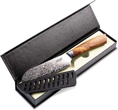 Pasoli Damascus Santoku Knife incl. Blade Protector | 67-Layer VG-10 Damascus Steel | Sharp 13 cm Blade | Elegant Wooden Handle | Ideal Chef's Knife