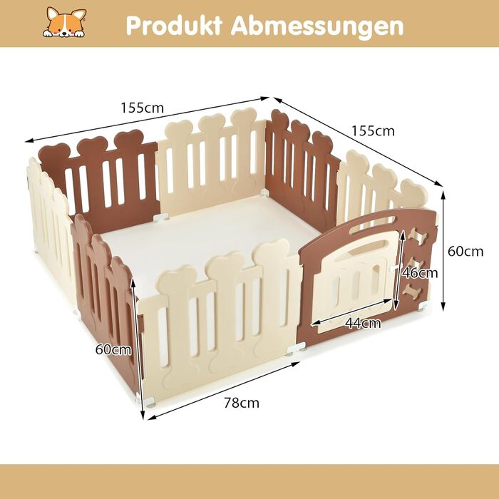 Вольєр для собак COSTWAY з 8 панелей, 60 см, з дверцятами, для дому та саду, HDPE пластик, бежевий + коричневий