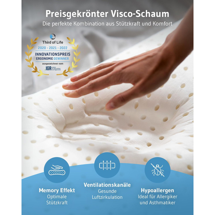 Side Sleeper Pillow ACAMAR, Third of Life - 2022 Innovation Award Winner, Orthopedic Neck Pillow for Neck Pain, Viscoelastic Memory Foam, Ergonomic Head Pillow with Thermo Cover White Thermoregulating Cover