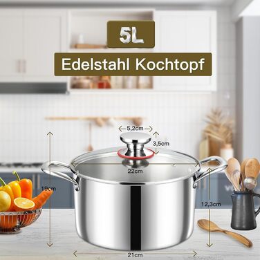 Каструля Kochtopf Onader 5л з нержавіючої сталі з індукційним дном, 22 см - для варіння пасти, супу, з кришкою, для всіх плит, безпечна та миється в посудомийній машині