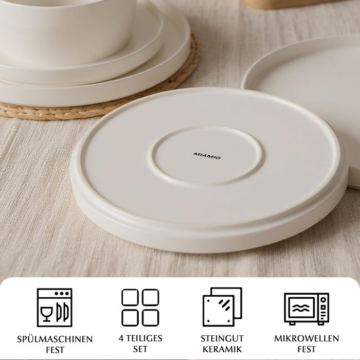 MIAMIO Набір посуду на 8 осіб / 24-тонний сервіз з кераміки Modern/Tafelservice - придатний для миття в посудомийній машині та використання в мікрохвильовій печі - розкішна колекція (великі тарілки (4x), білий)