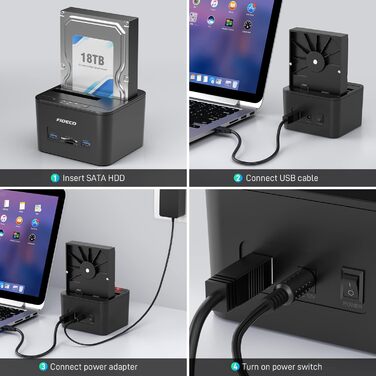 Док-станція для жорстких дисків FIDECO з двома відсіками, USB 3.0, підтримка UASP, TF/SD карт, для HDD/SSD SATA 2.5