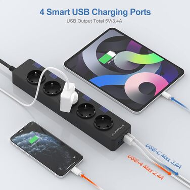 Мережевий фільтр Steckdoseleiste з індивідуальним керуванням, 5 розеток, 1 USB-C та 3 USB-A, захист від перенапруги (3680W/16A), дитячий замок, 3M кабель, чорний