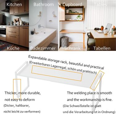 KZOBYD Expandable Kitchen Shelf, Foldable Kitchen Cabinet Shelf Spice Rack Organizer for Dishes and Supplies Stackable Kitchen Storage Organizer for Extra Storage Space (White, ) (White, L)