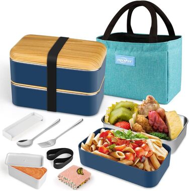 HOLIPOT Ланчбокс Bento Box з роздільниками, 2 рівні, з нержавіючої сталі та PP, з ложкою та виделкою, сумка, для дітей та дорослих, блакитний