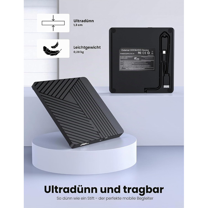 Зовнішній CD/DVD привід MOSWAG USB 3.0 та Type-C, оптичний багатофункціональний накопичувач +/-RW для PC, Mac, MacBook Pro, Linux, Win 11/10, чорний