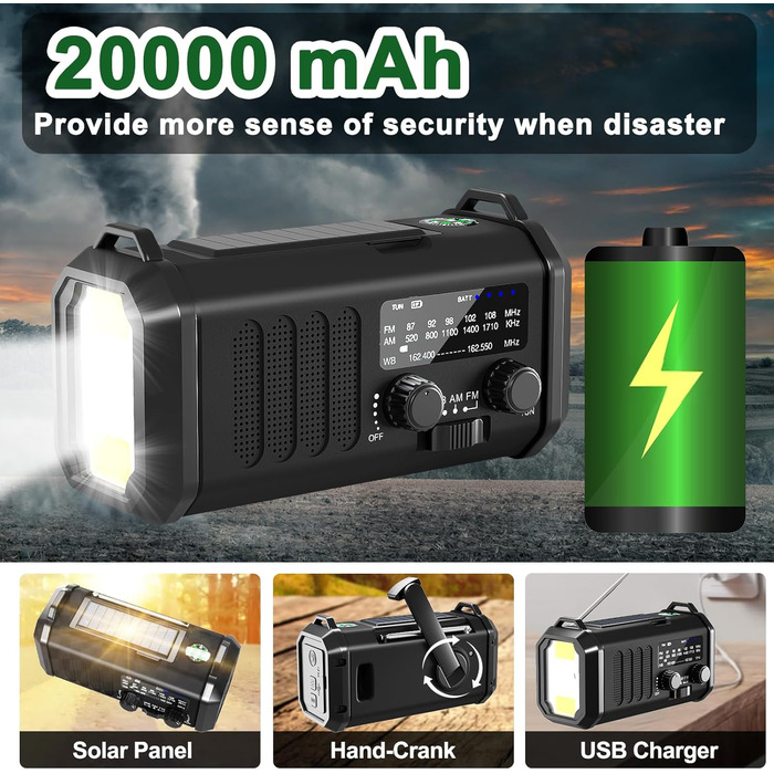 Радіостанція Leaton з ручним заводом, NOAA, AM/FM, 20000 mAh | Сонячна Power Bank, USB-C, ліхтарик, SOS-сигнал для кемпінгу та надзвичайних ситуацій (Чорний)