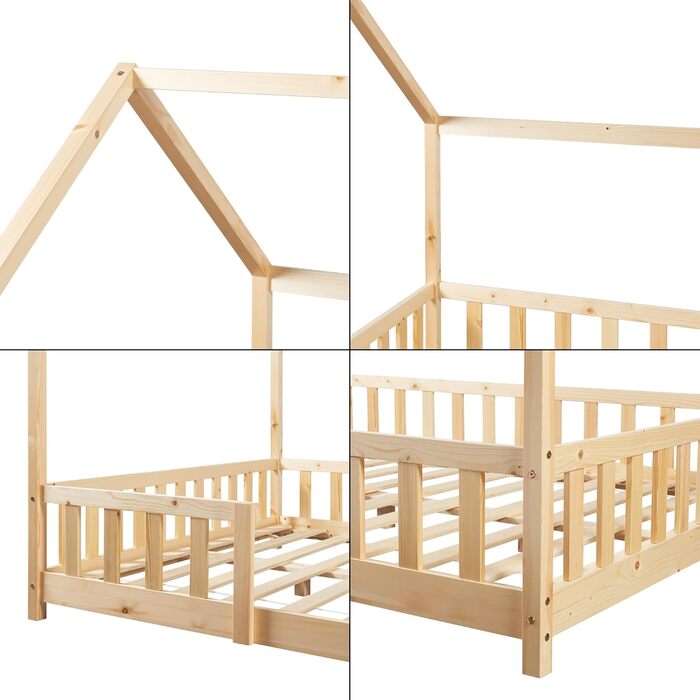 en.casa Kids Bed Sisimiut House Bed 140 x 200 cm with Side Rails Wooden Bed for Children Floor Bed Slatted Frame Pine Wood Wood Finish Wood 140x200cm
