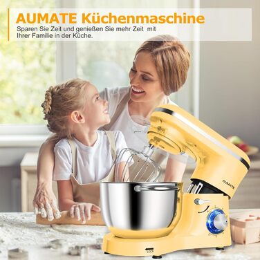 Кухонна машина AUMATE 1400 Вт, планетарний міксер з чашею 6,2 л, тістоміс з набором насадок (гак, вінчик, міксер), 6 швидкостей, лимонний колір