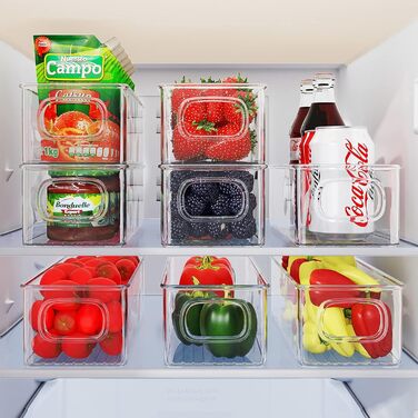 FINEW Refrigerator Organizer 8-Piece Set, Stackable Storage Boxes, Small Refrigerator Boxes with Handle, Transparent Containers for Kitchen, Cabinets, Freezer, Pantry - BPA Free