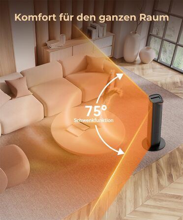 Електричний обігрівач PTC з керамічним нагрівачем, 2000W, 75° обертання, термостат, тихий, 3 режими, таймер 24 год, захист від перегріву та перекидання