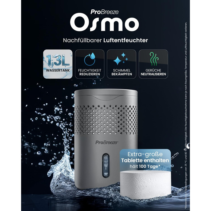 Pro Breeze Osmo: Безшумний осушувач повітря для дому, спальні, шафи, авто. Таблетка 700г (до 100 днів). Колір: сірий