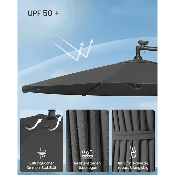 SONGMICS Patio Umbrella with LED Solar Lighting, Market Umbrella 300 cm Diameter, 32 LED Lights, with Stand, Sun Protection Balcony, Balcony Umbrella, UPF 50+, with Crank, for Terrace, Garden, Grey GPU118G01