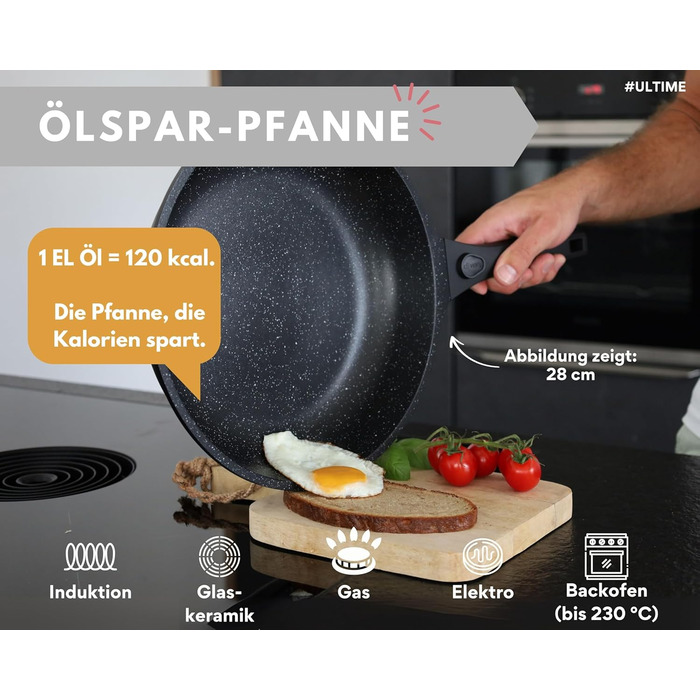 Пательня велика 28 см з антипригарним покриттям, знімною ручкою, для всіх типів плит (індукція) + захисні підкладки з повсті, без PFOA/PFOS, чорна