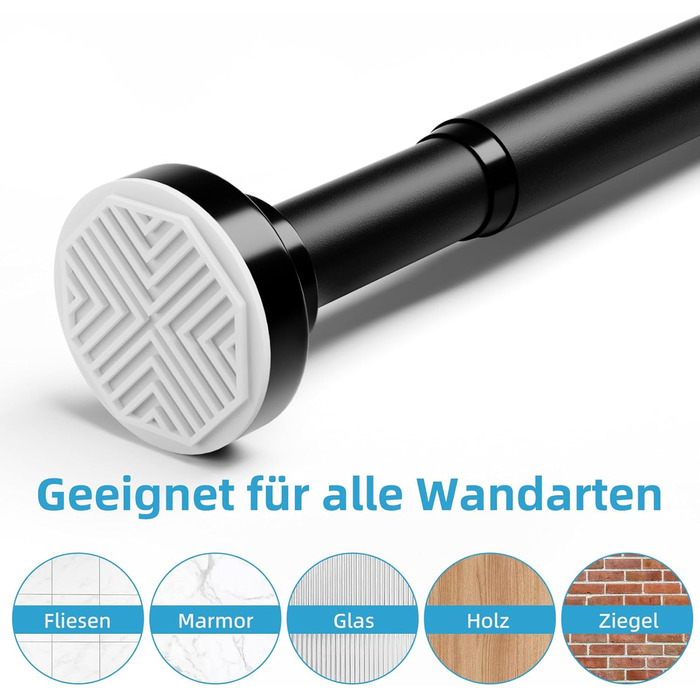 Штанга для душу без свердління з нержавіючої сталі, телескопічна, регульована 70-195 см, чорна