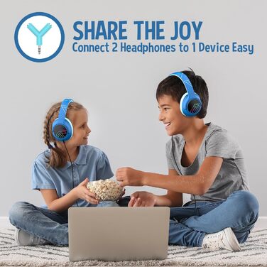 Дитячі навушники PowerLocus Bobo Bluetooth з обмеженням гучності, LED-підсвічуванням, складні, з мікрофоном для телефону/планшета/подорожей (блакитний/чорний)