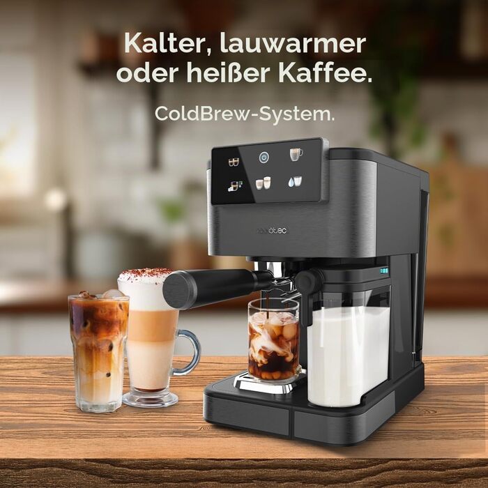 Кавомашина еспресо Cecotec Power Espresso 1350 Вт, 20 Бар, сенсорний дисплей, резервуар 1.5 л, капучинатор, подвійний холдер (ColdBrew Latte Dark)