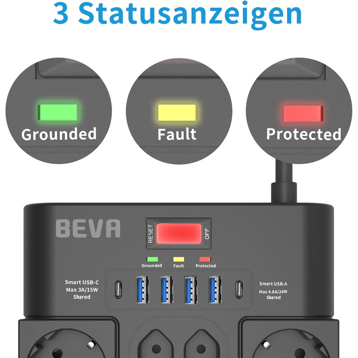 Мережевий фільтр BEVA з 18 розетками, 3680W/16A, захист від перенапруги 2100J, 2 USB-C (15W) + 4 USB-A, з вимикачем, для офісу та дому