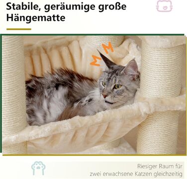 Кігтеточка XXL для мейн-куна, 168 см, з гамаком, сизаловим стовпом (φ11 см), когтеточкою, 2 платформами, будиночком, корзиною, бежева EMPJ01M